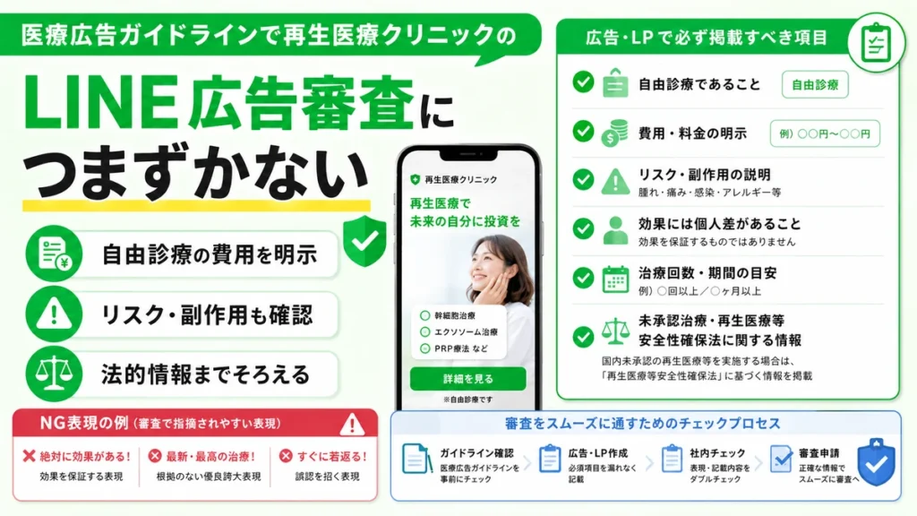医療広告ガイドラインに配慮した再生医療LINE広告の審査チェック項目を示すイラスト