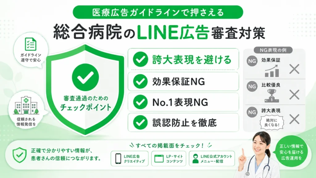 医療広告ガイドラインに沿って誇大表現や効果保証を避ける審査対策を示すイラスト
