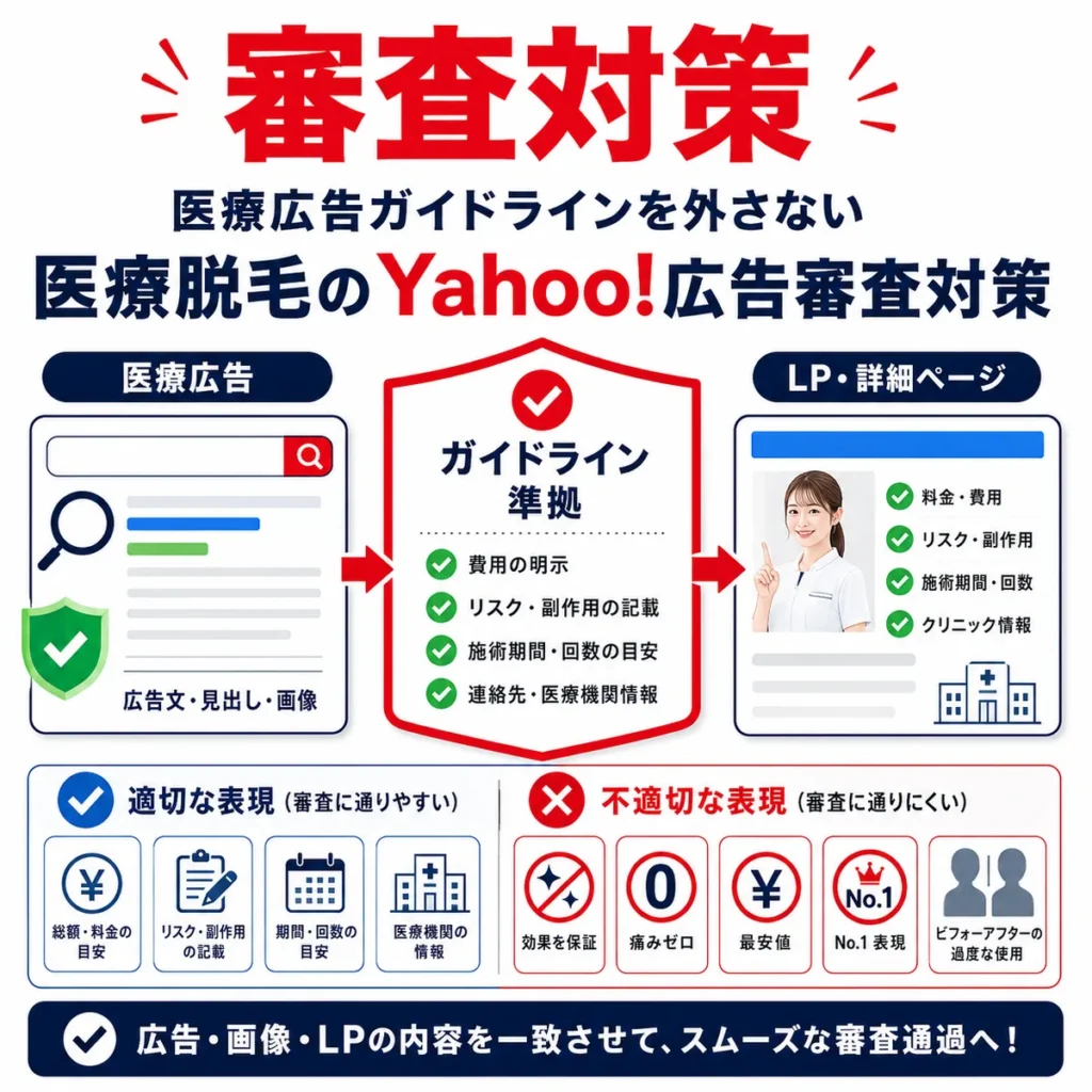 医療広告ガイドラインに沿って費用やリスクを開示しYahoo!広告審査に備えるイラスト