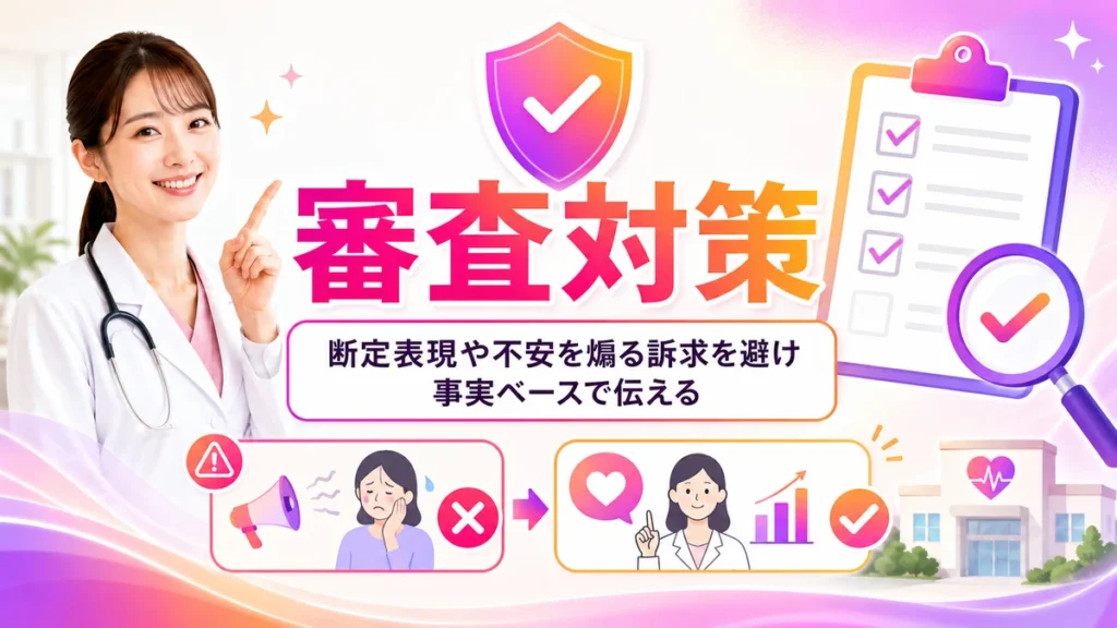 医療広告ガイドラインに沿って断定表現や不安訴求を避ける審査対策イラスト