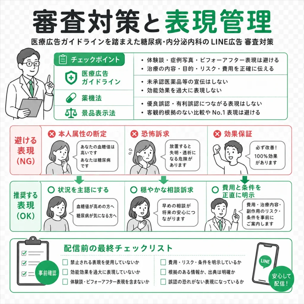 医療広告ガイドラインや薬機法を踏まえたLINE広告の審査対策と表現管理を示すイラスト