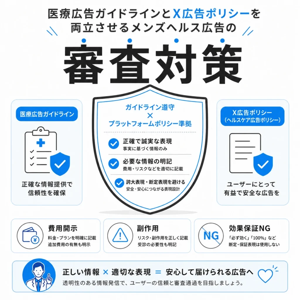 医療広告ガイドラインとX広告ポリシーを両立させる審査対策を示すイラスト