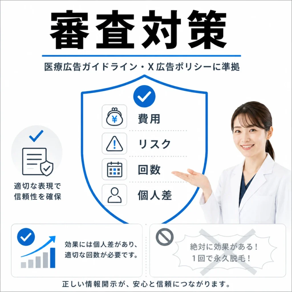 医療広告ガイドラインとX広告ポリシーに沿った審査対策を示すイラスト