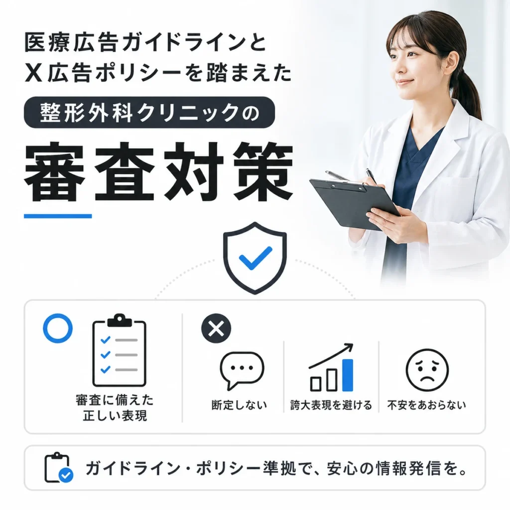 医療広告ガイドラインとX広告ポリシーに沿って審査対策を行う整形外科広告のイラスト