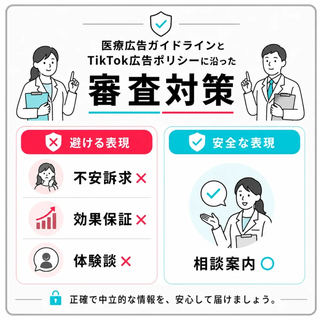 医療広告ガイドラインとTikTok広告ポリシーに沿った審査対策を説明するイラスト