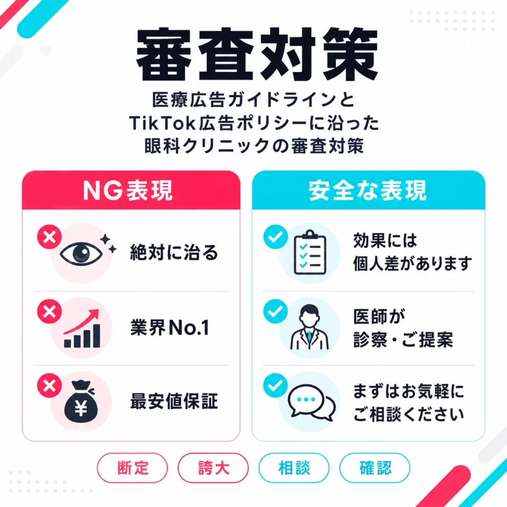 医療広告ガイドラインとTikTok広告ポリシーに沿ったNG表現と安全な表現の違いを示すイラスト