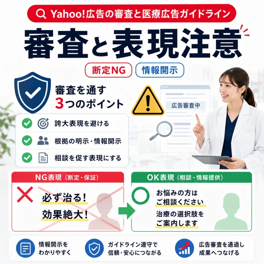 医療広告ガイドラインを踏まえたYahoo!広告審査と表現注意を説明するイラスト