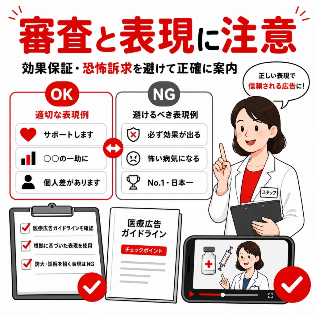 医療広告ガイドラインを踏まえて効果保証や恐怖訴求を避ける表現チェックのイラスト