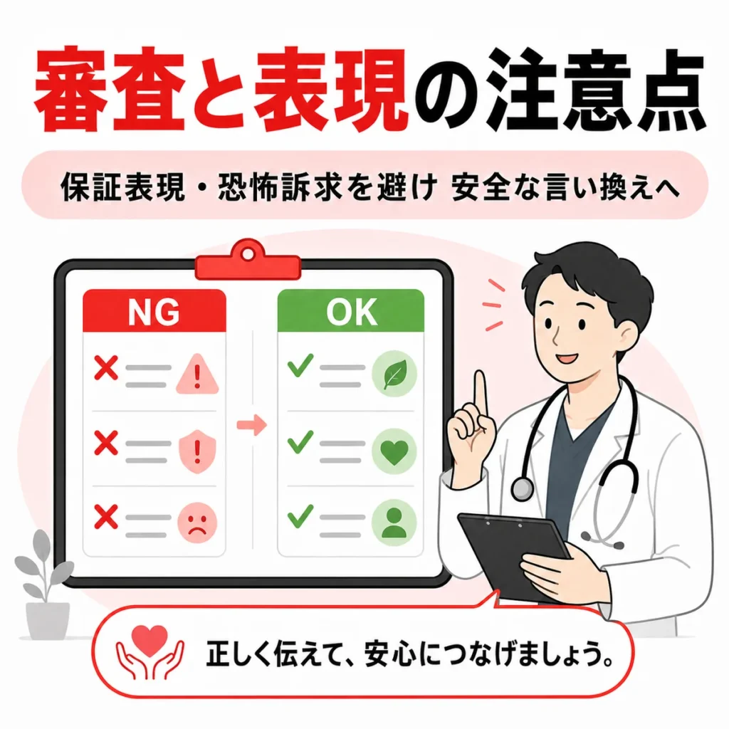 医療広告ガイドラインを踏まえて誇大表現を避け、広告表現を審査するポイントを示すイラスト