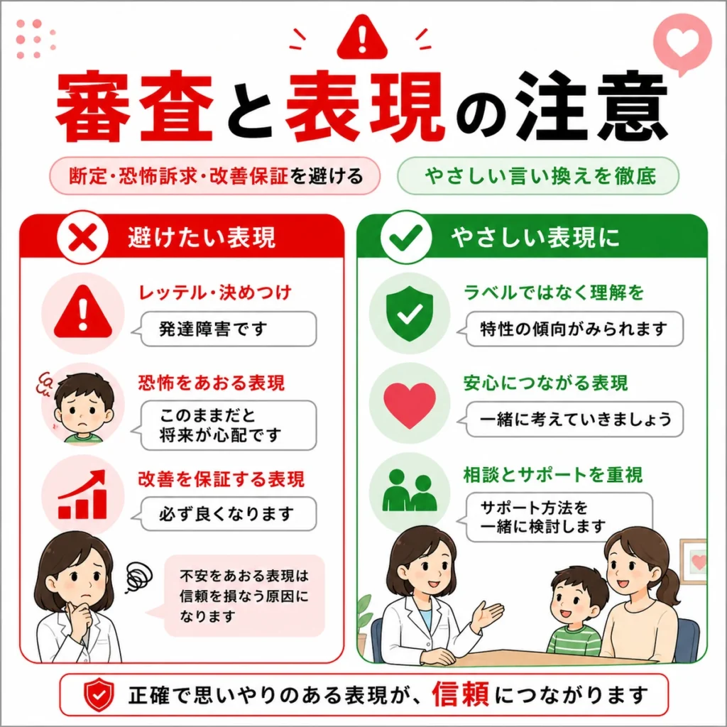 医療広告ガイドラインを踏まえて断定や恐怖訴求を避け、安心できる表現に言い換えるポイントを示すイラスト