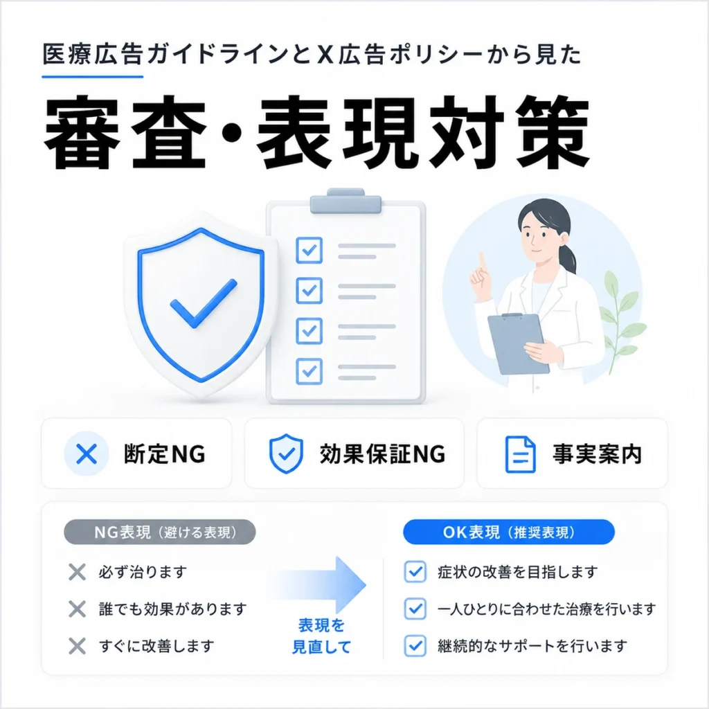 医療広告ガイドラインとX広告ポリシーに配慮した審査・表現対策を示すイラスト