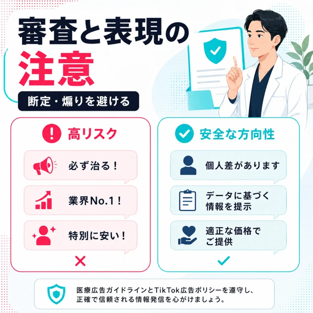 医療広告ガイドラインとTikTok広告ポリシーに沿った審査や表現の注意点を示すイラスト