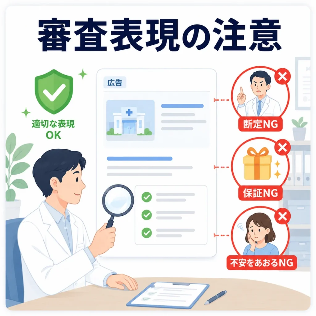 医療広告ガイドラインに配慮して診断断定や改善保証を避ける表現確認を示すイラスト