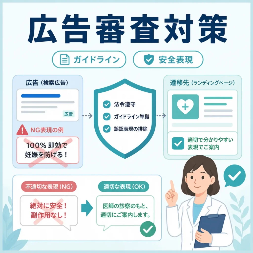 医療広告ガイドラインに沿って緊急ピルや性病検査の広告表現を安全に見直すイラスト