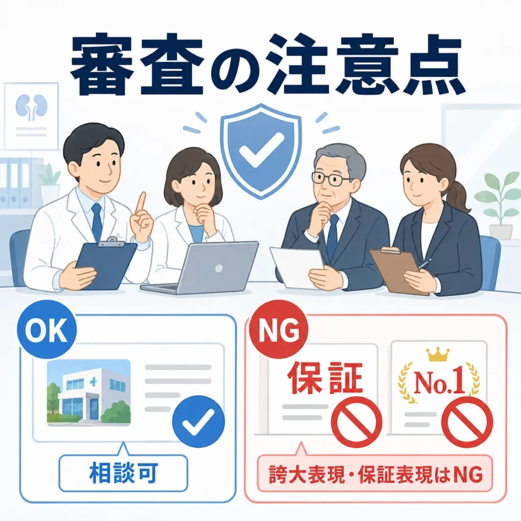 医療広告ガイドラインを踏まえたYahoo!広告審査で相談可と誇大表現NGを比較するイラスト