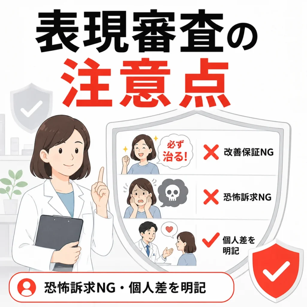医療広告ガイドラインを踏まえ、改善保証や恐怖訴求を避ける表現審査の注意点を示すイラスト