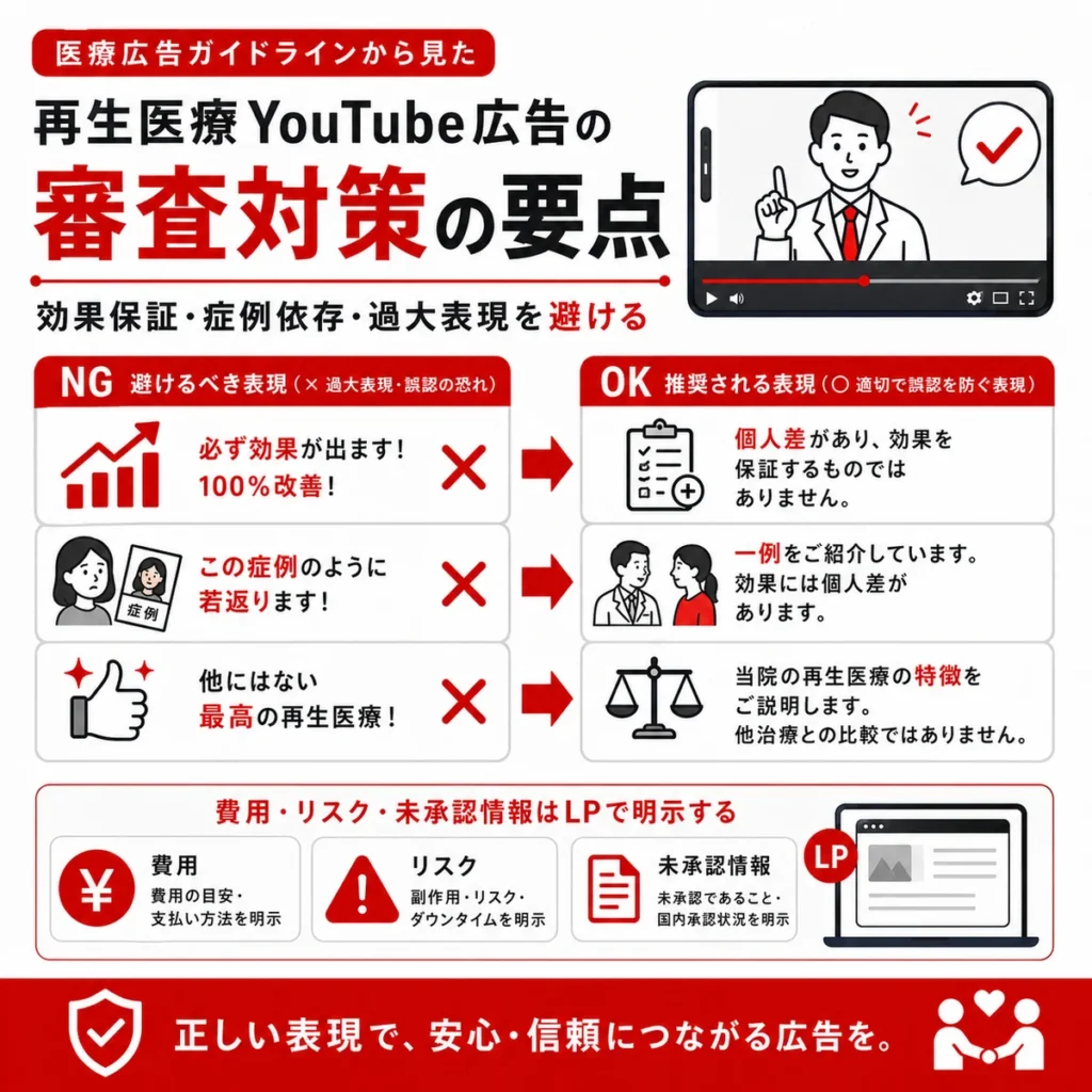 医療広告ガイドラインを踏まえた再生医療YouTube広告の審査対策と避けるべき表現を示すイラスト