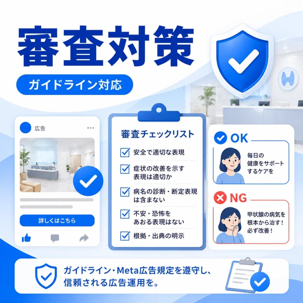 医療広告ガイドラインとMeta広告規定に配慮した甲状腺広告の審査対策チェックリストを示すイラスト