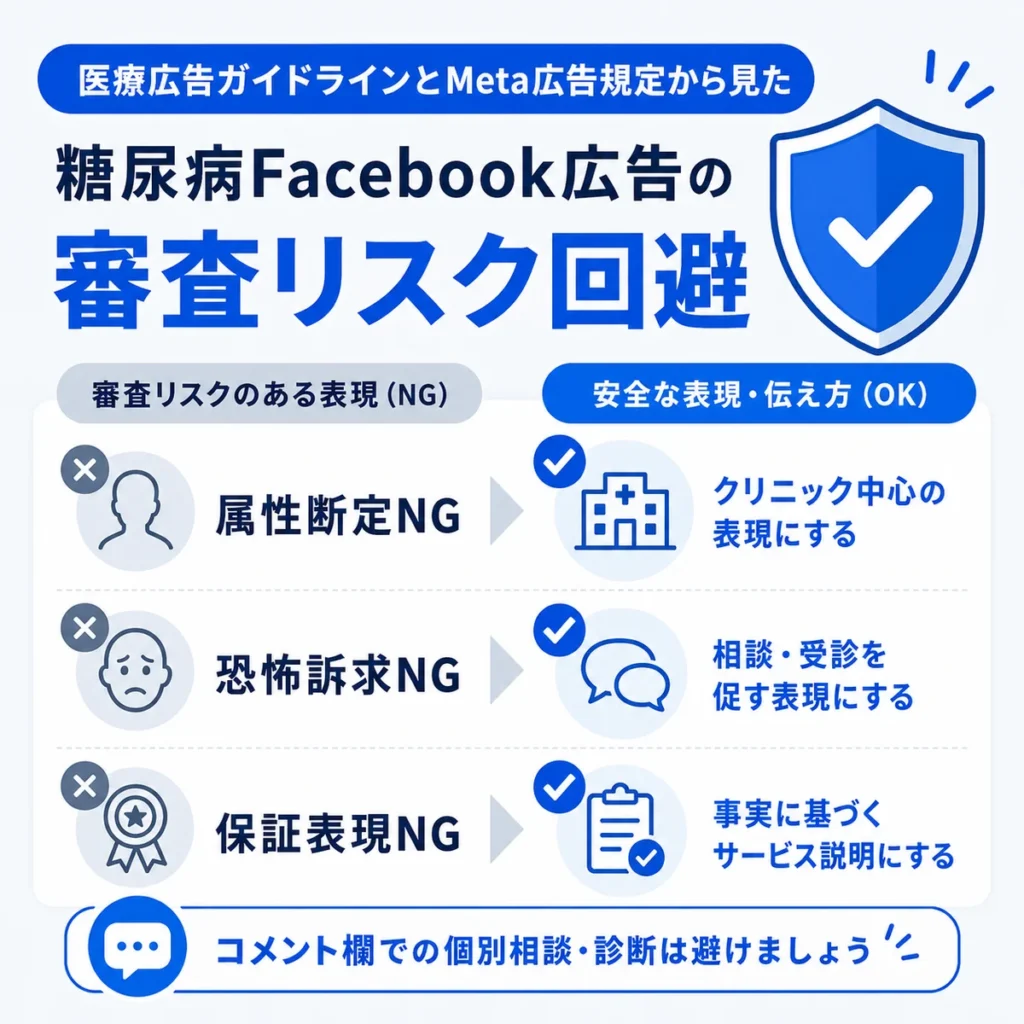 医療広告ガイドラインとMeta広告規定に配慮した審査リスク回避策を示すイラスト