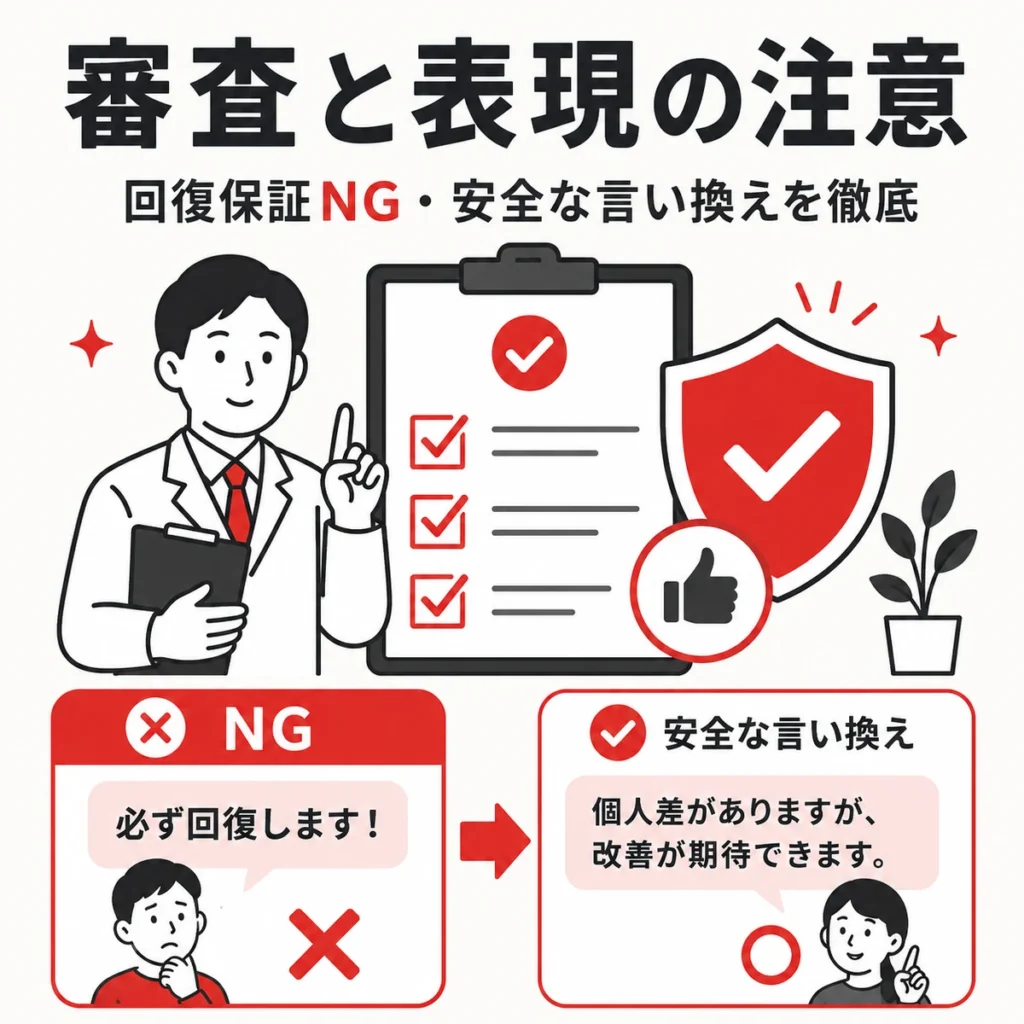 医療広告ガイドラインを踏まえた審査と安全な表現への言い換えを示すイラスト