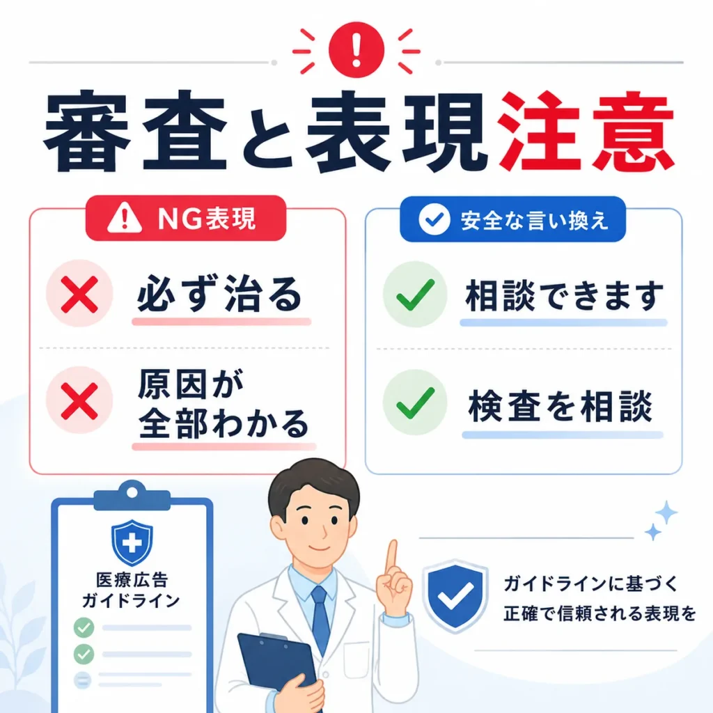 医療広告ガイドラインを踏まえたアレルギー科広告のNG表現と安全な言い換えを示すイラスト