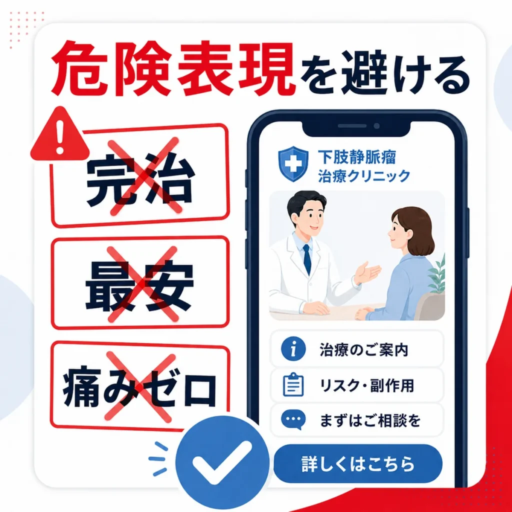 医療広告ガイドライン上避けるべき完治や最安などの危険表現を示すイラスト