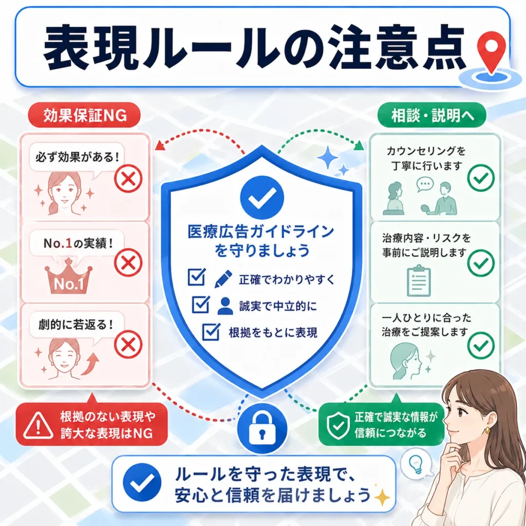 医療広告ガイドラインを踏まえ、効果保証や誇大表現を避けて相談と説明につなげる表現ルールを示すイラスト