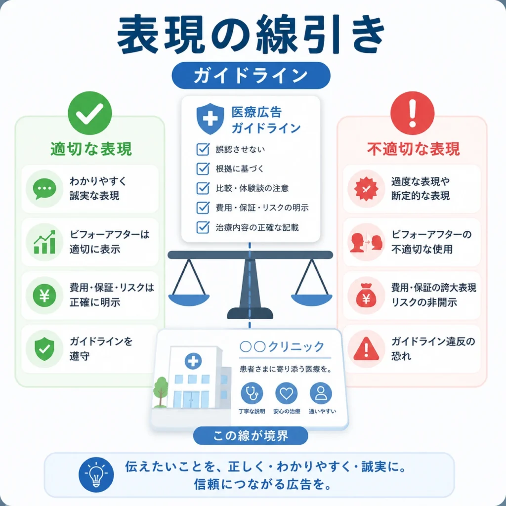 医療広告ガイドラインに沿った表現の線引きと注意点を示すイラスト