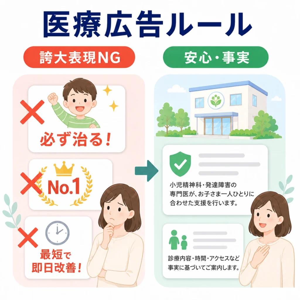 児童精神科・発達障害クリニックの広告で避けたい誇大表現と安全な表現を比較するイラスト