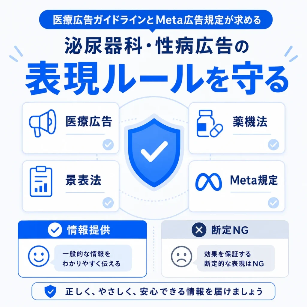 医療広告ガイドラインやMeta広告規定に沿って泌尿器科・性病広告の表現ルールを守るポイントを示すイラスト