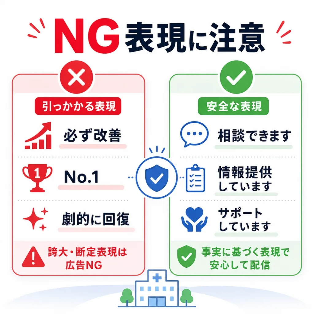 医療広告ガイドラインで注意すべきNG表現と安全な表現の違いを示すイラスト