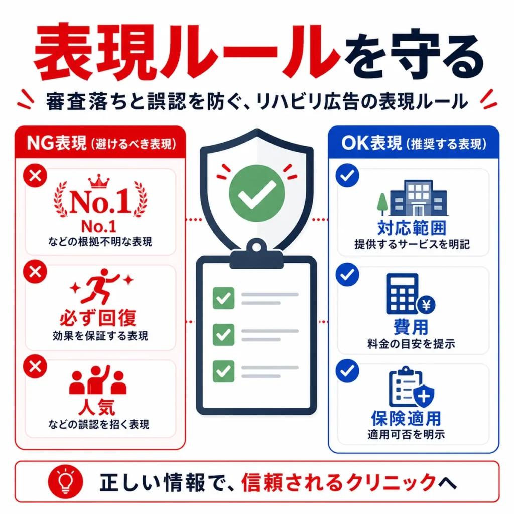 リハビリ広告で審査落ちや誤認を防ぐためのNG表現とOK表現を比較したイラスト