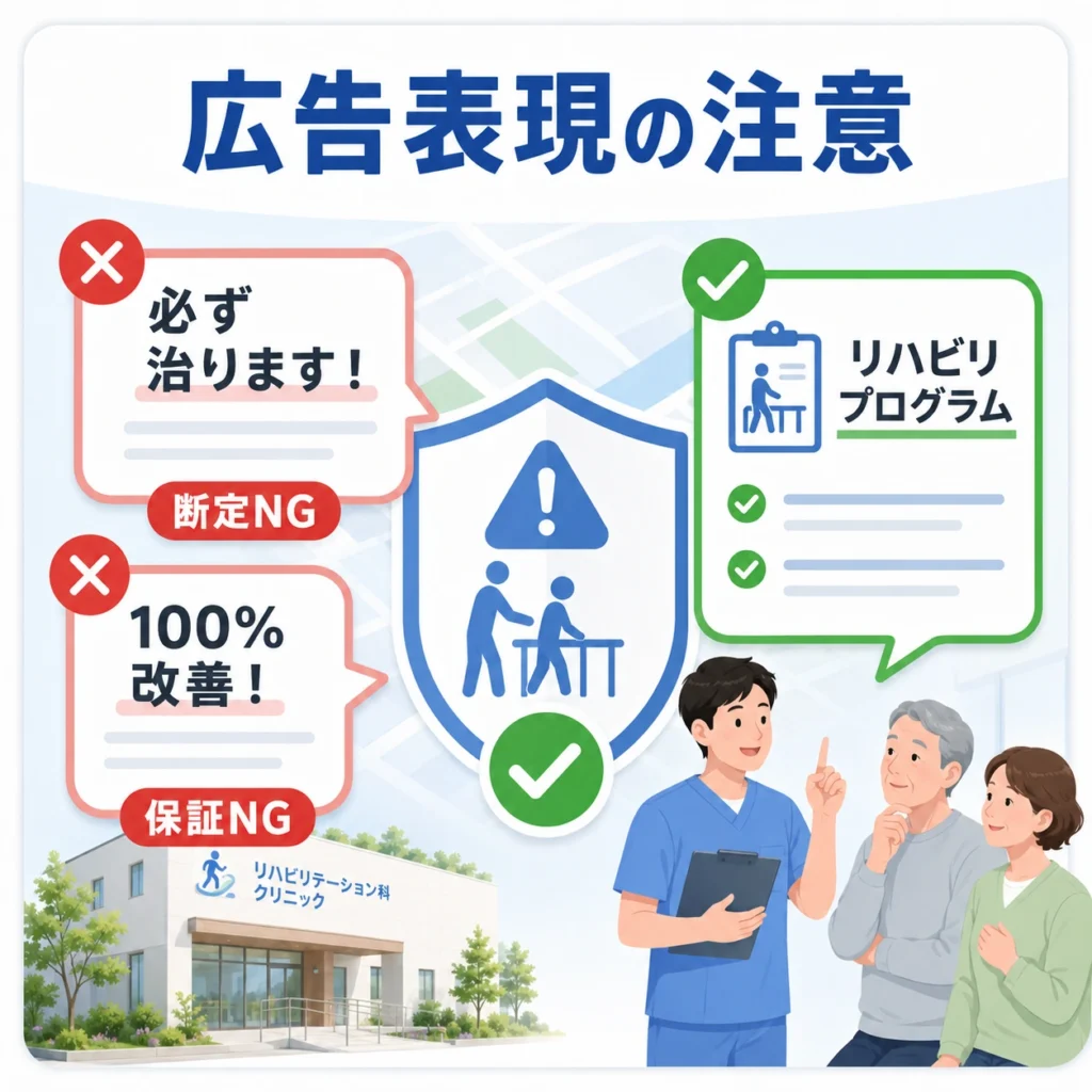リハビリ広告で断定表現や保証表現を避ける医療広告ガイドライン上の注意点を示すイラスト