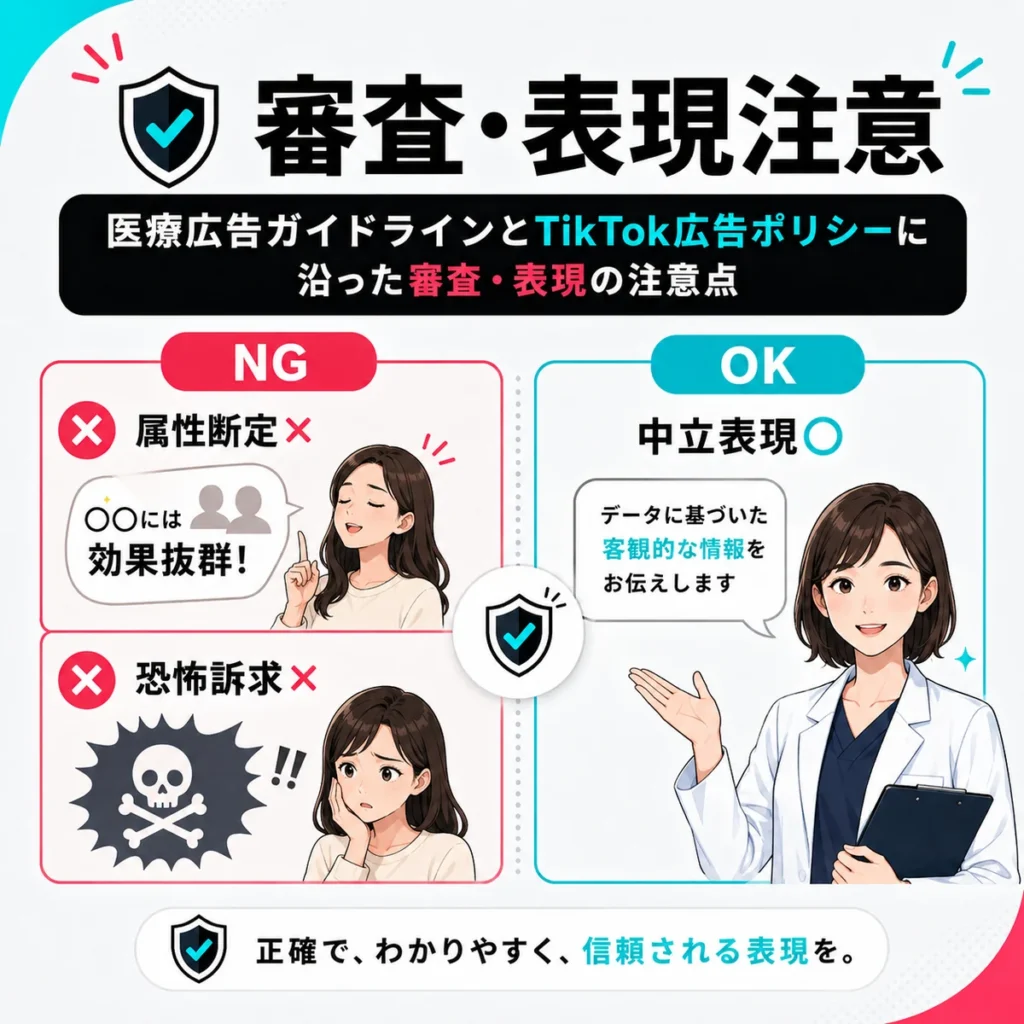 医療広告ガイドラインとTikTok広告ポリシーに沿った審査・表現注意を示すイラスト