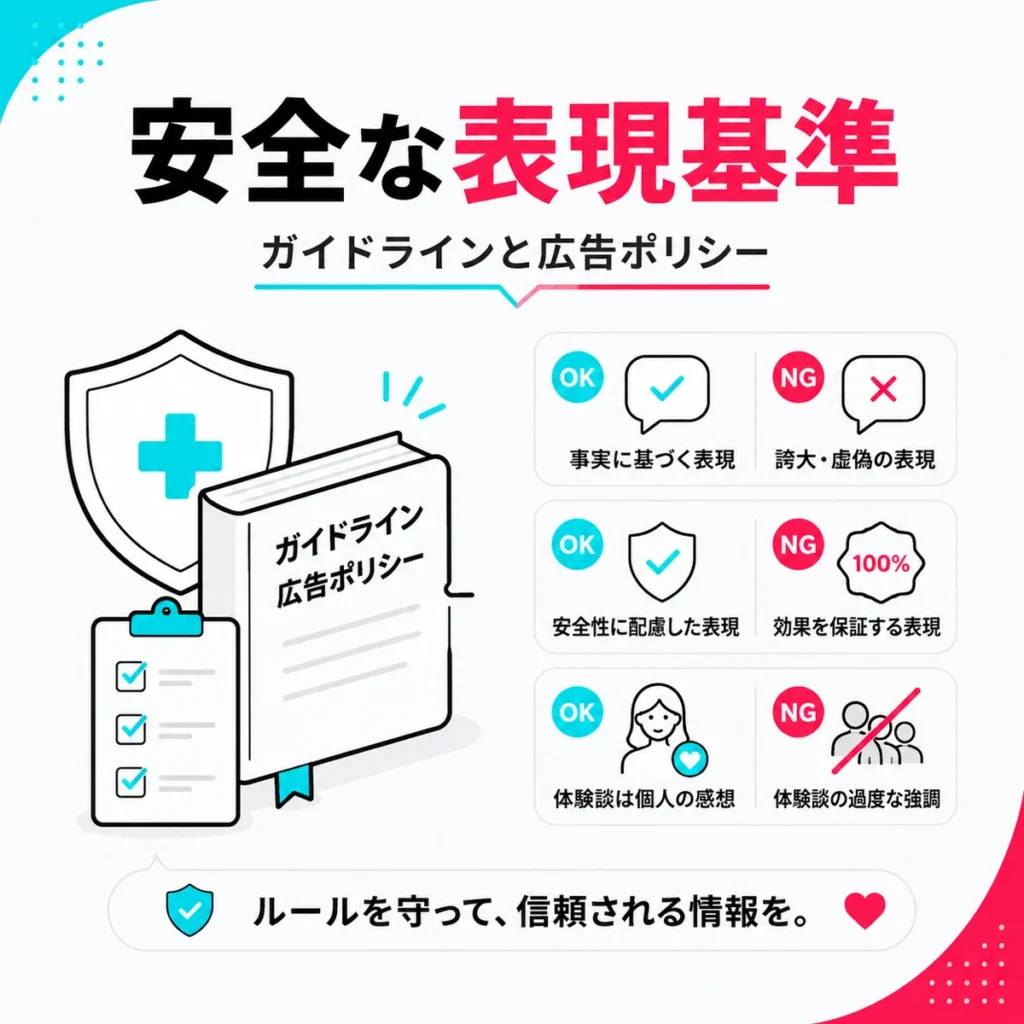 医療広告ガイドラインと広告ポリシーに沿った安全な表現基準を示すイラスト