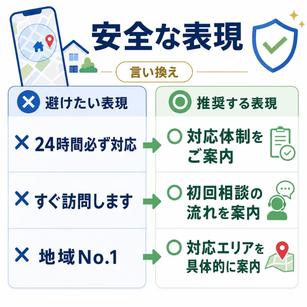 医療広告ガイドラインを踏まえて避けたい表現を安全な言い換えに整えるイラスト