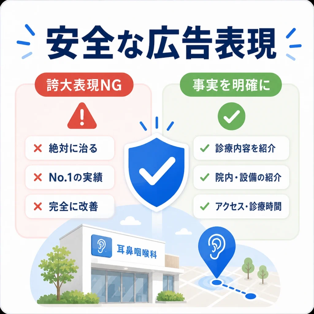 耳鼻咽喉科のマップ広告で誇大表現を避け事実を明確に伝える安全な広告表現のイラスト
