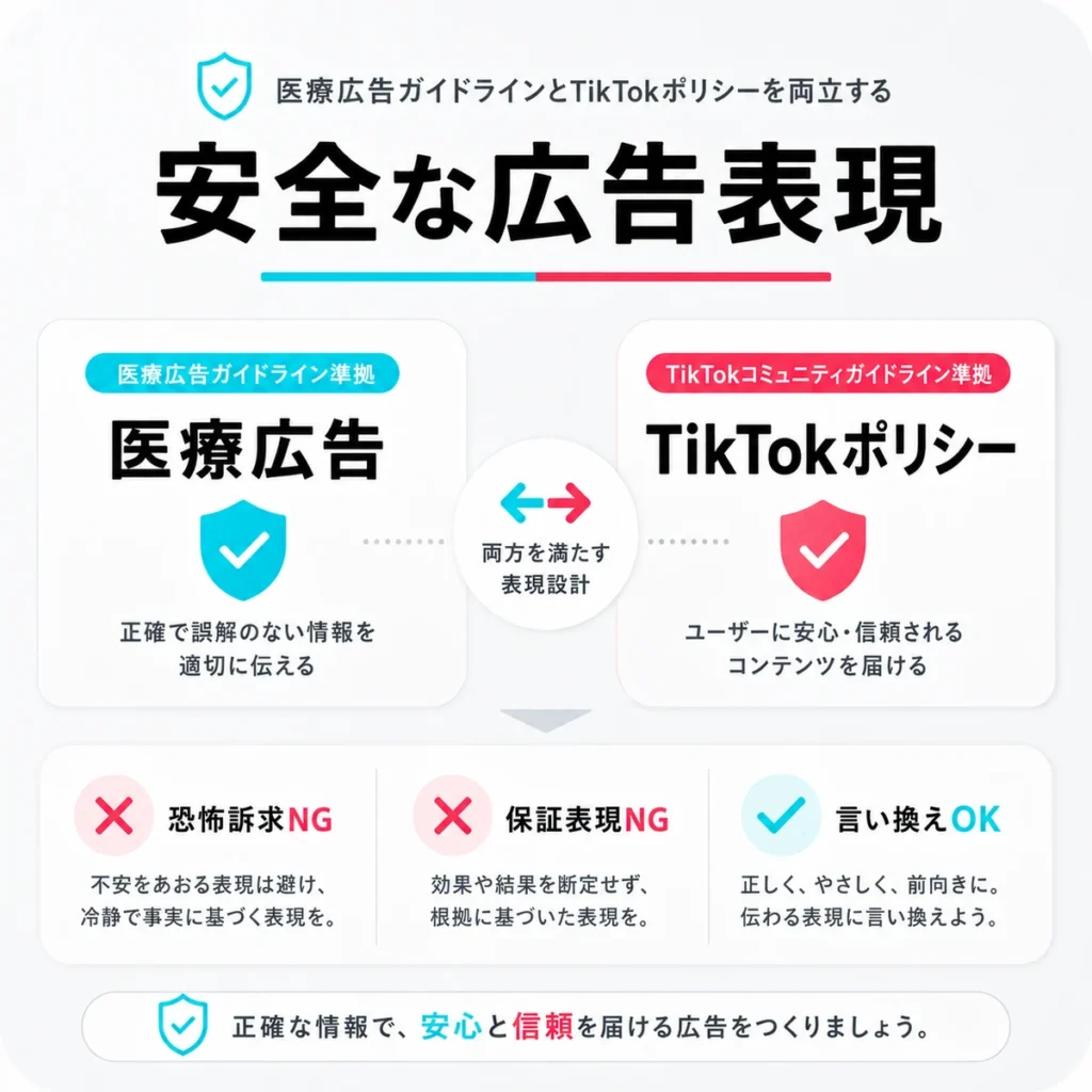 医療広告ガイドラインとTikTokポリシーの両方に配慮した安全な広告表現を示すイラスト