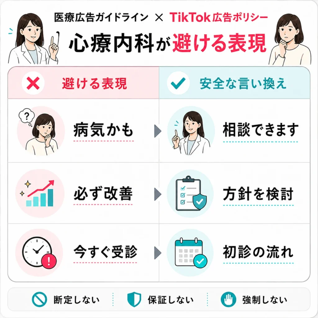 心療内科広告で避ける表現と安全な言い換えを比較したイラスト