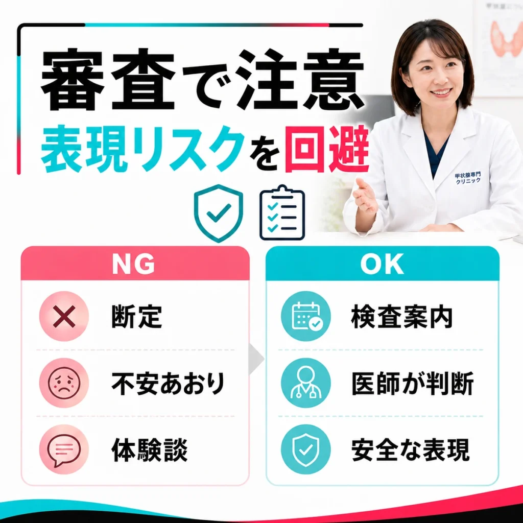甲状腺クリニックのTikTok広告で審査時に避けるべき表現と安全な言い換えを示すイラスト