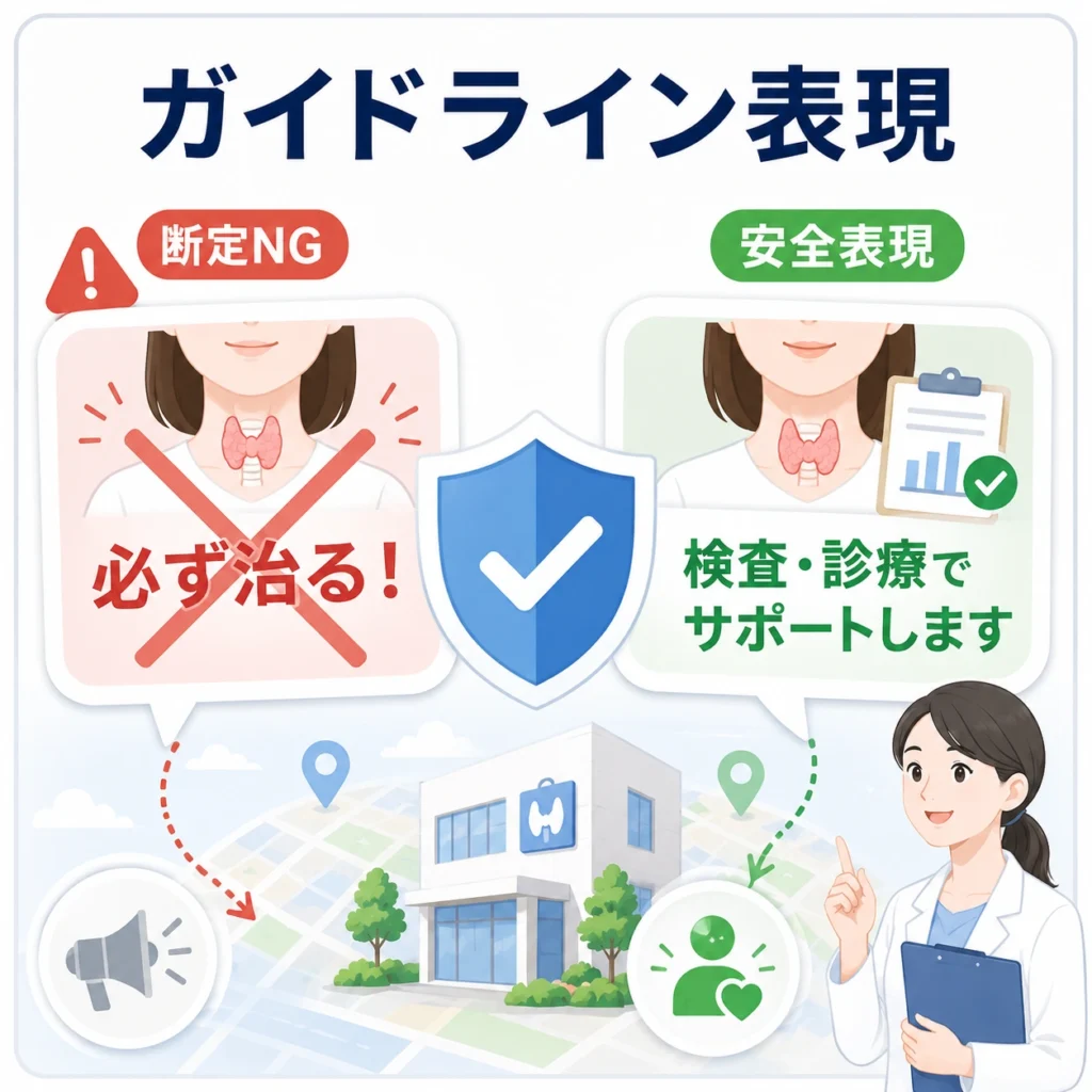 甲状腺専門広告で断定表現を避け、医療広告ガイドラインに沿った安全な表現へ言い換える様子を示すイラスト