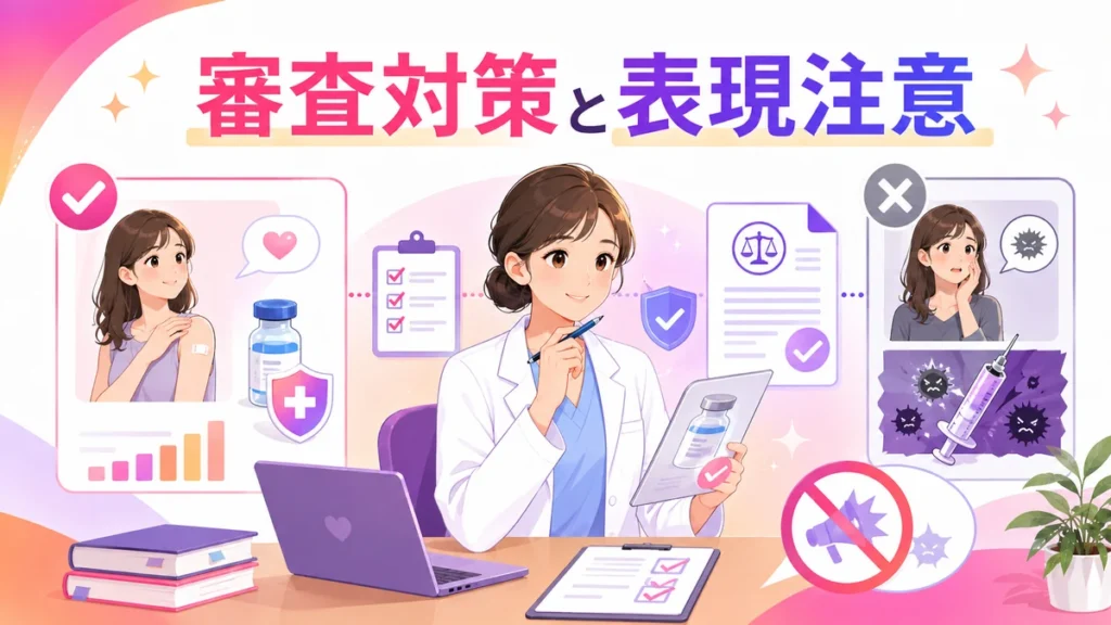 ワクチン広告で医療広告ガイドラインを外さない審査対策と表現注意のイラスト