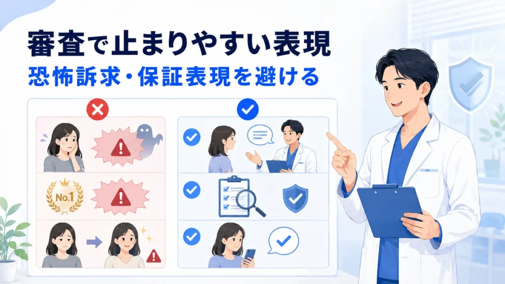 ワクチン広告で審査に止まりやすい恐怖訴求や保証表現を避ける考え方を示すイラスト