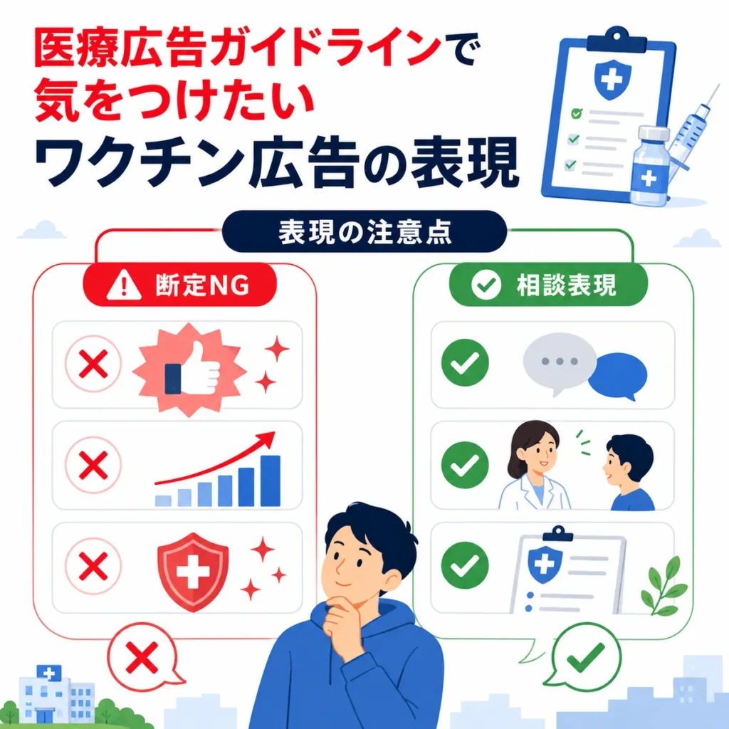 医療広告ガイドラインに配慮したワクチン広告の断定NG表現と相談表現を示すイラスト