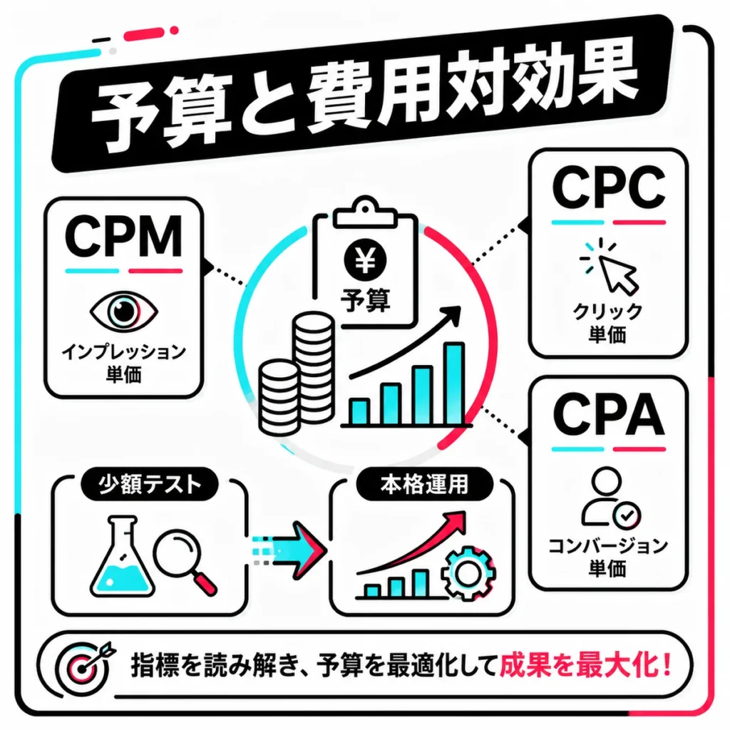 TikTok広告の運用予算と費用対効果を管理する指標を説明するイラスト