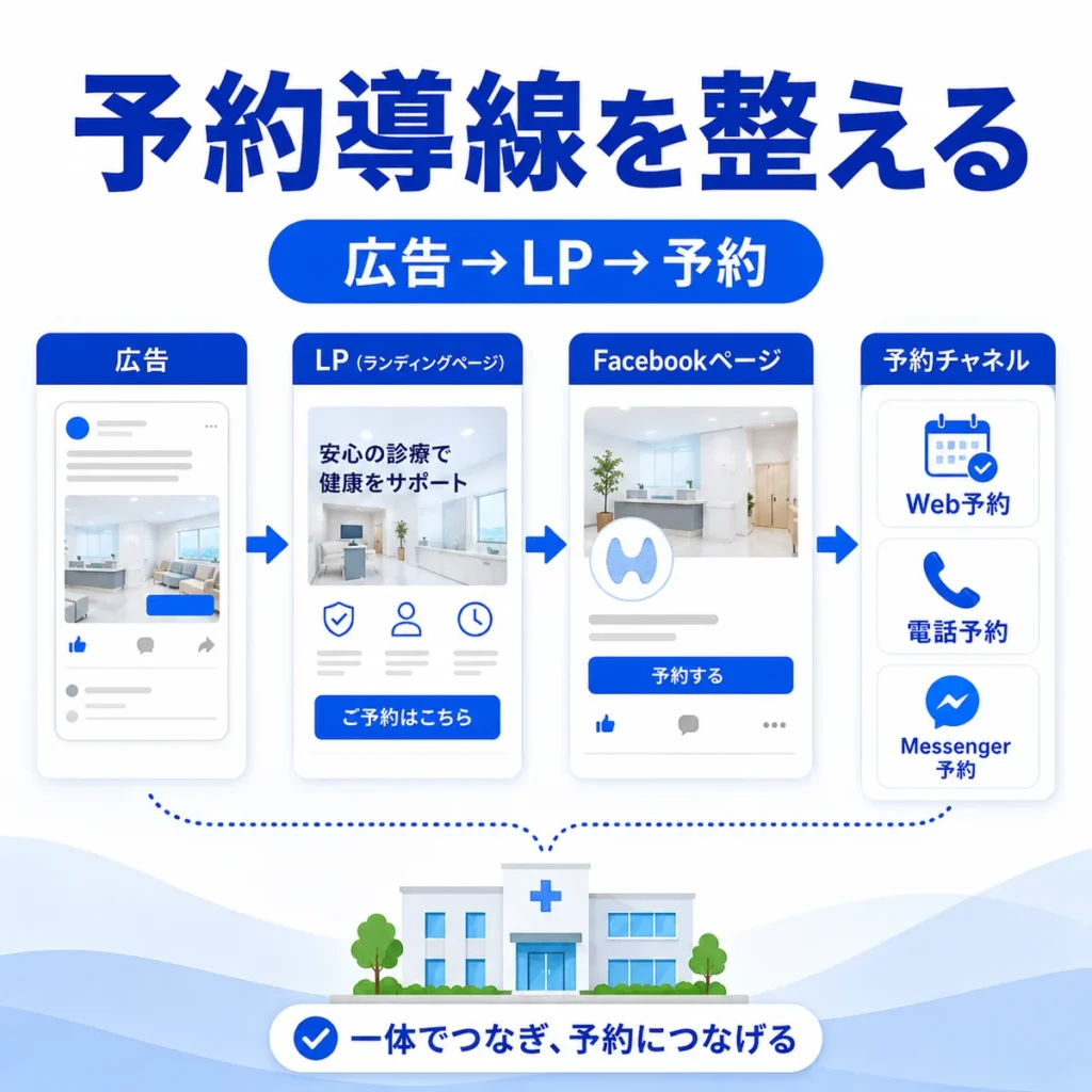 広告からLP、Facebookページ、Web予約や電話予約までの導線を一体で整える流れを示すイラスト