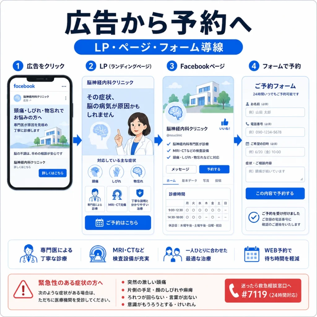 Facebook広告からLPやページやフォームを通じて予約につなげる導線を示すイラスト