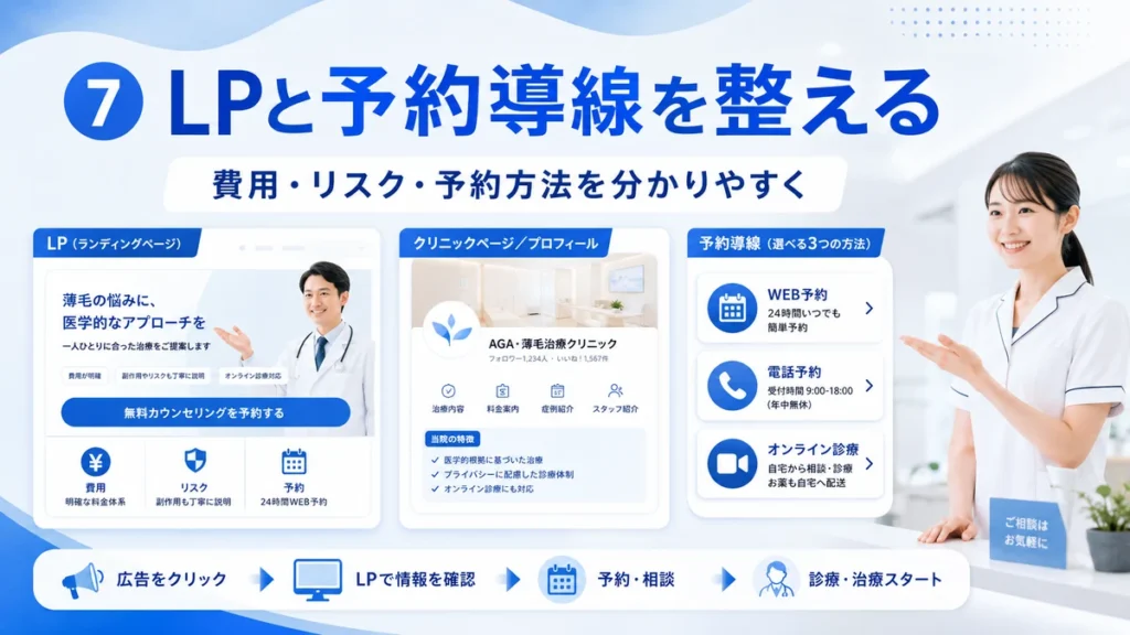 広告の受け皿となるLPやFacebookページと予約導線を整える流れを示すイラスト