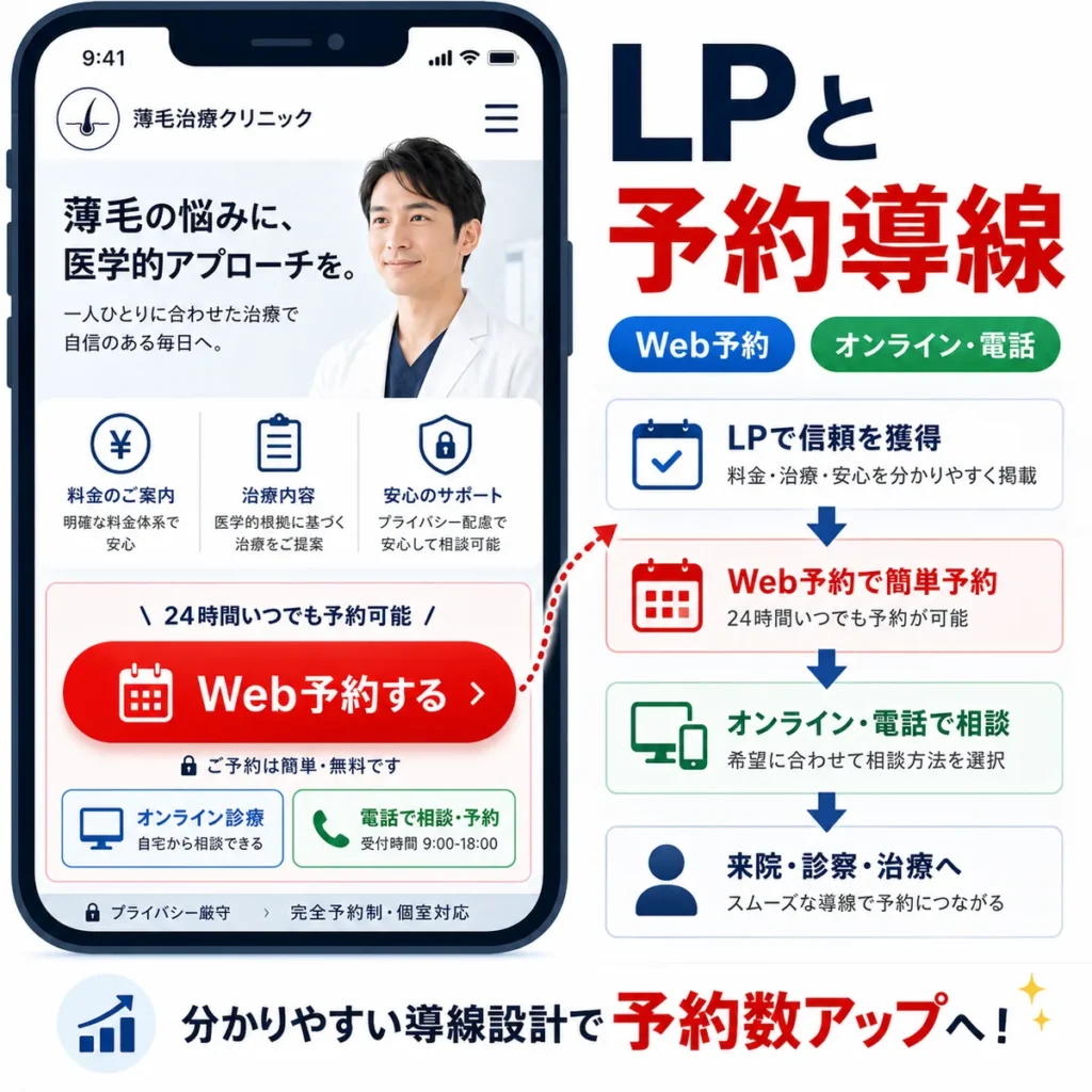 AGA治療のLPでWeb予約やオンライン・電話導線を整えて予約につなげる流れを示すイラスト