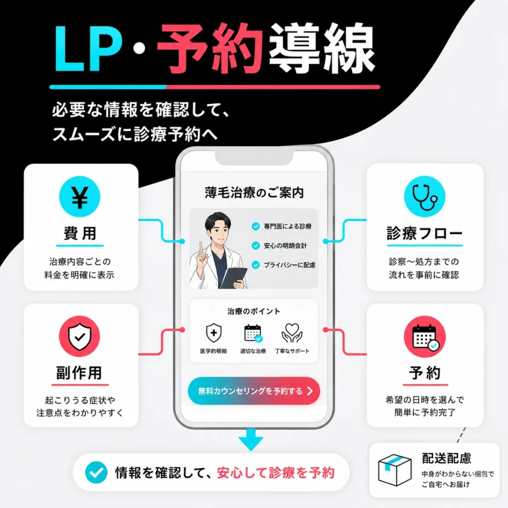 AGA治療クリニックのLPで費用、副作用、診療フロー、予約導線を整理する流れを示すイラスト